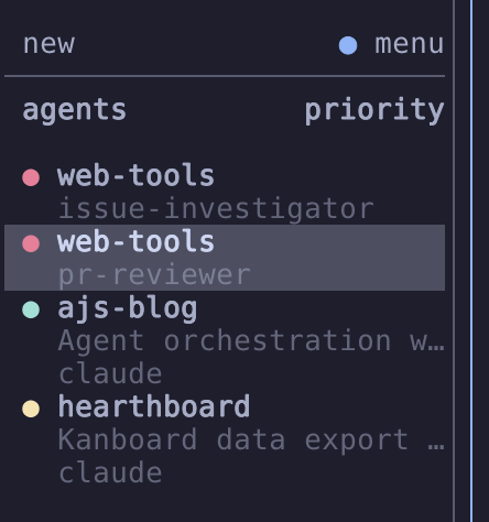 The Herdr agent sidebar sorted by priority, with the two agents needing attention at the top and agents still working below, across three workspaces