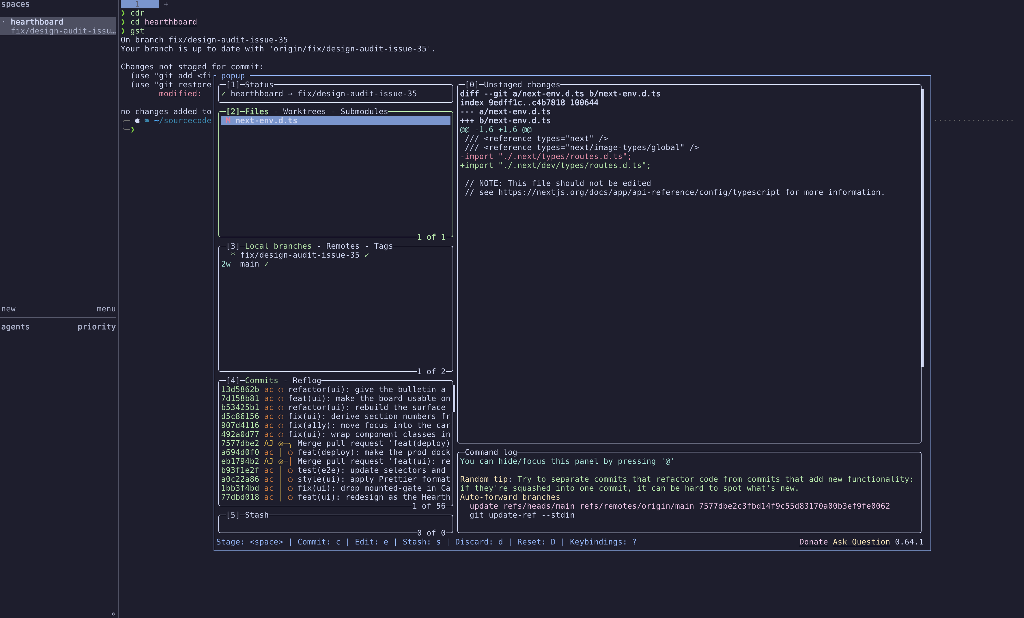 lazygit open as a session-modal Herdr popup, its border labeled popup, showing an unstaged diff alongside the branch and commit lists while the pane layout underneath stays intact