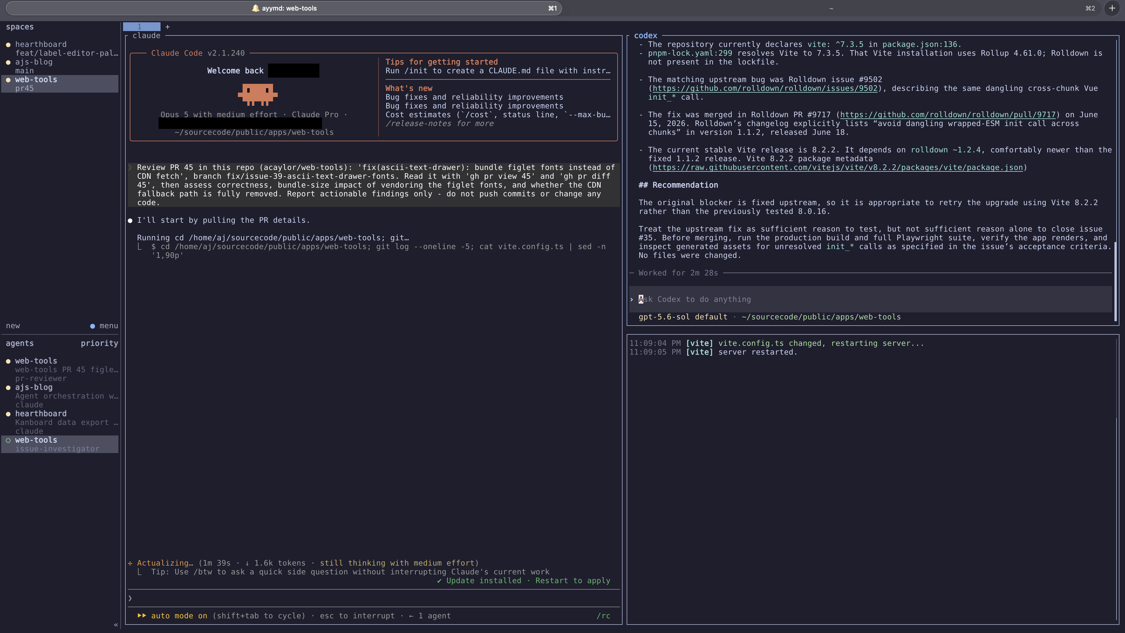 A single Herdr workspace split into three panes: Claude reviewing a pull request on the left, Codex reporting an upgrade recommendation top right, and a Vite dev server bottom right, with each pane border labeled by the agent running inside it