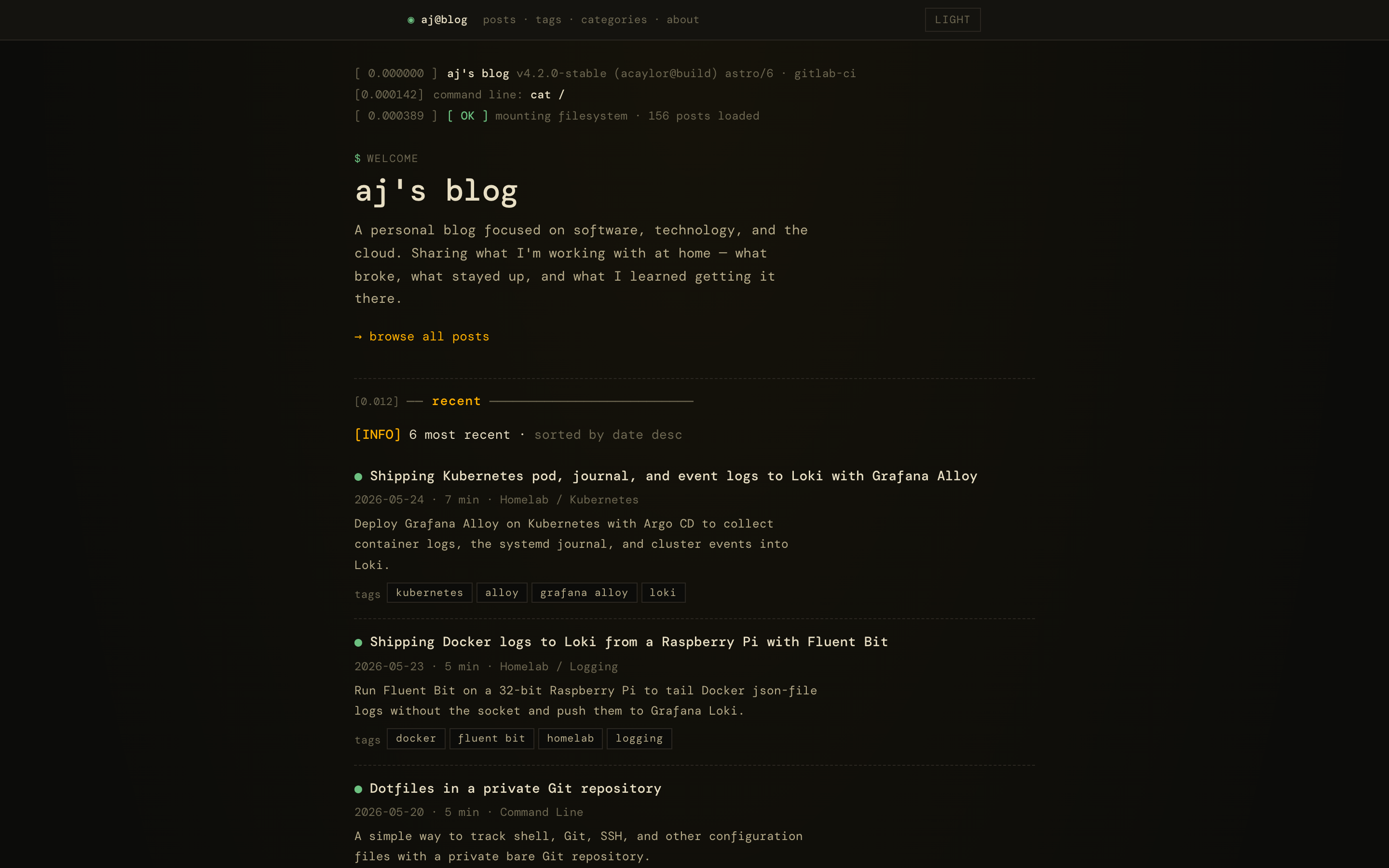 Home page in dark mode on desktop
