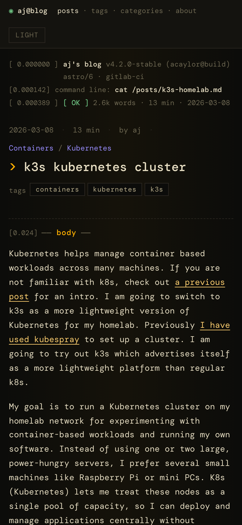 Post page in dark mode at 390 px