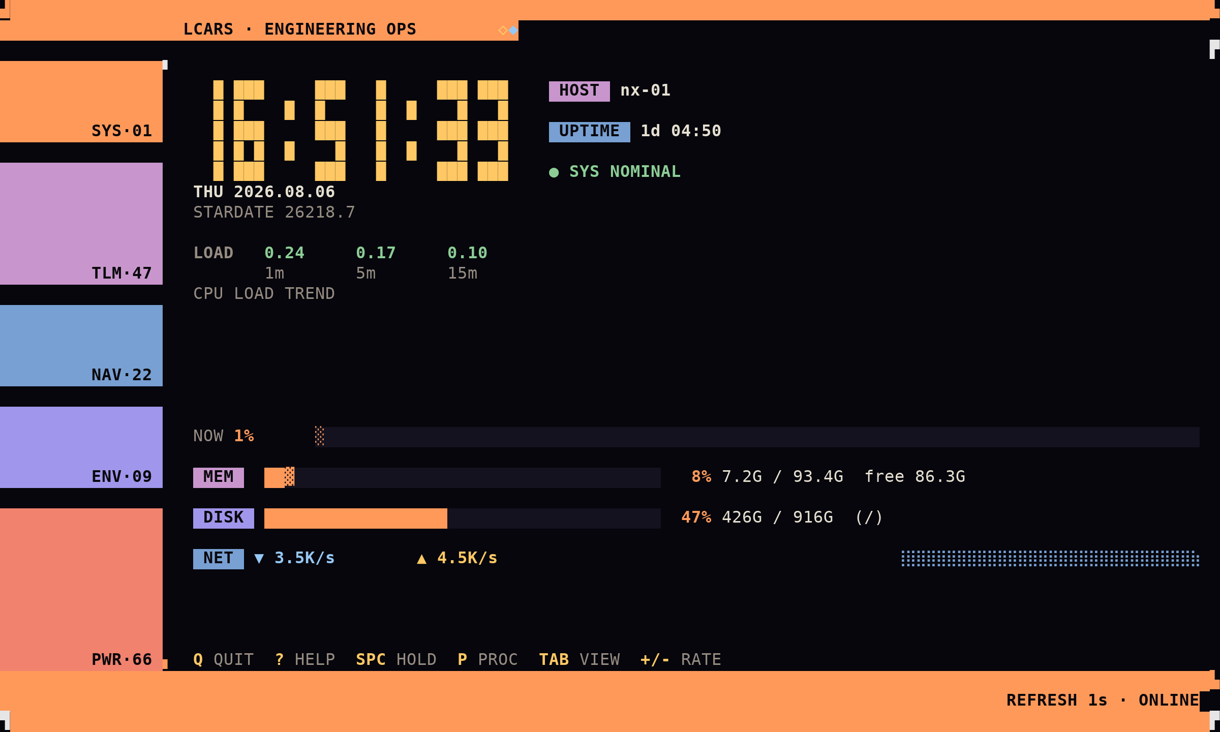 Opus 4.8’s LCARS monitor: a stacked colored rail column on the left with a large seven-segment clock.