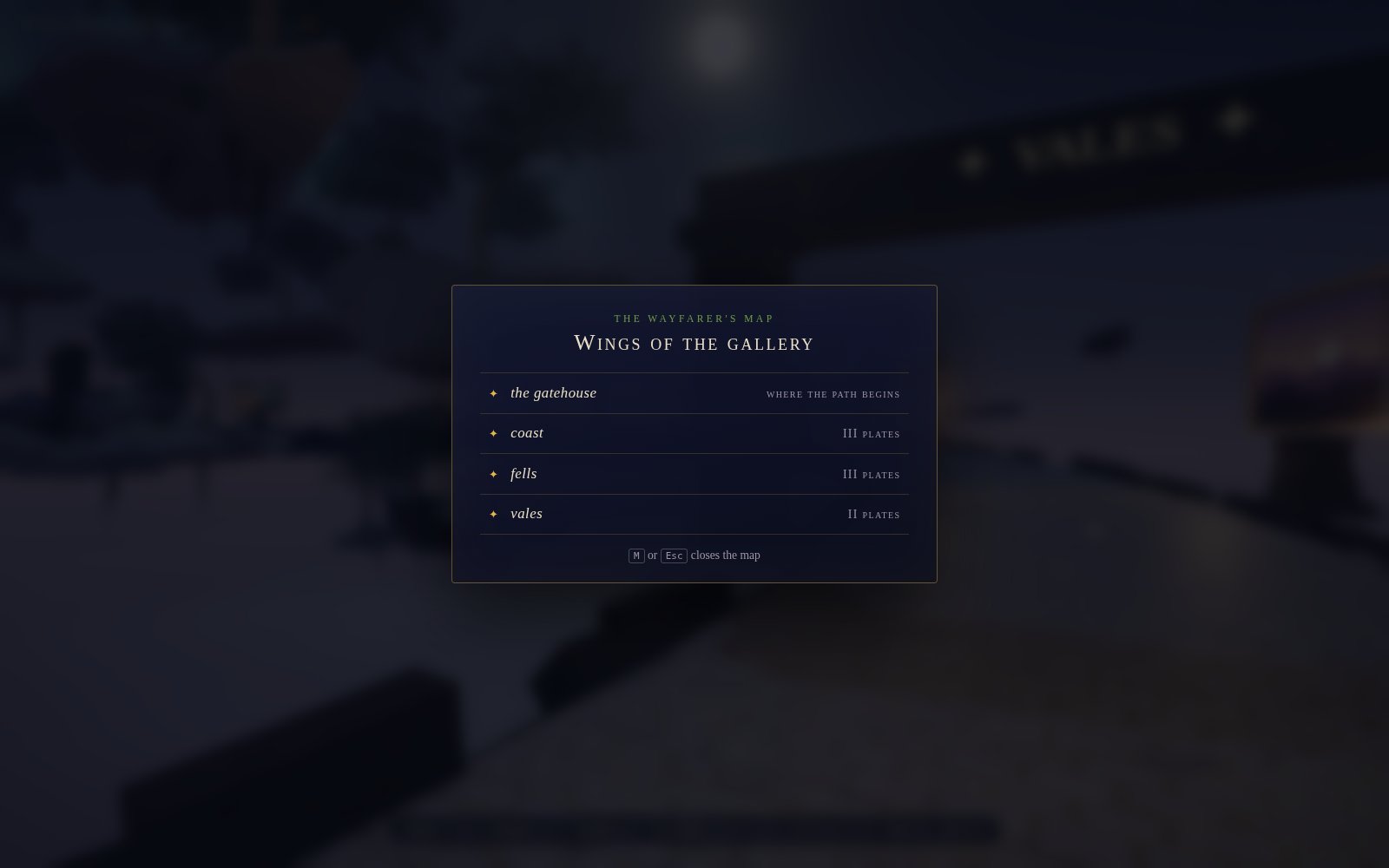 The Wayfarer's Map overlay listing every wing of the gallery.